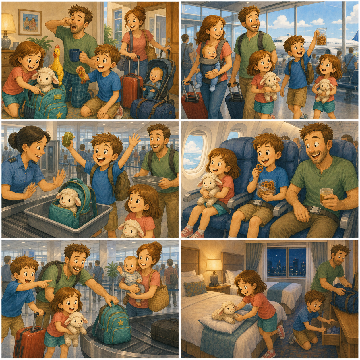 Airplane and hotel story watercolor preview.
