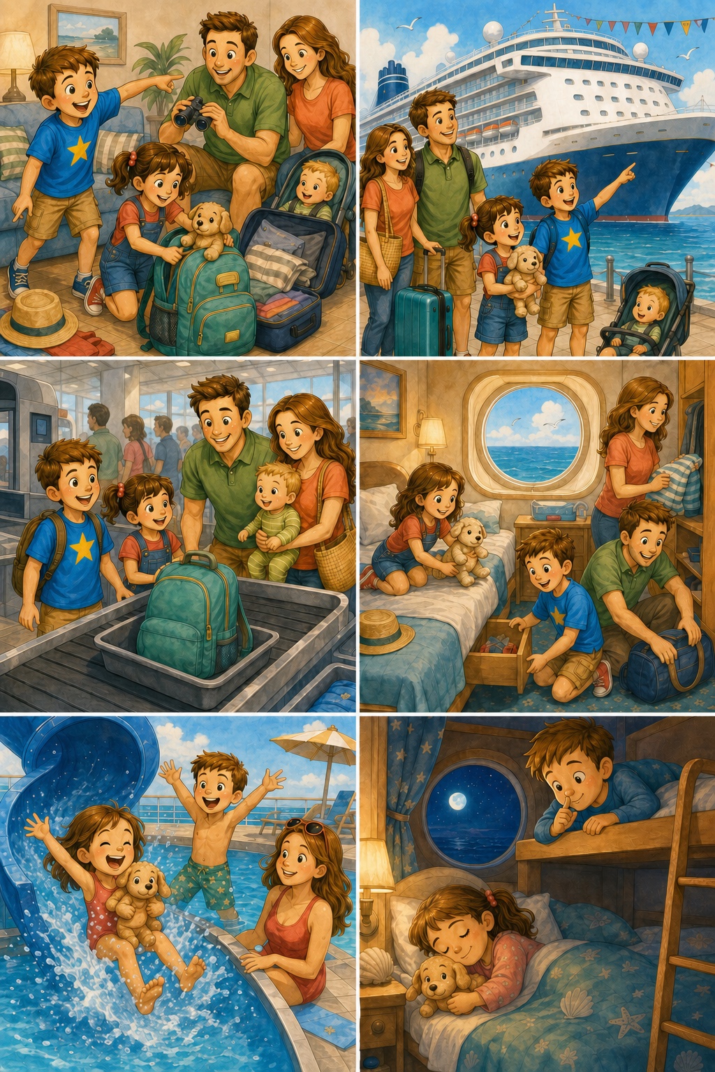 Watercolor concept artwork showing the Before We Go Kids family preparing for and taking a cruise.