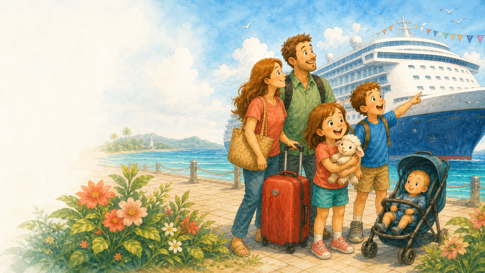A watercolor family at a sunny cruise port, with children, luggage, and a stuffed lamb.