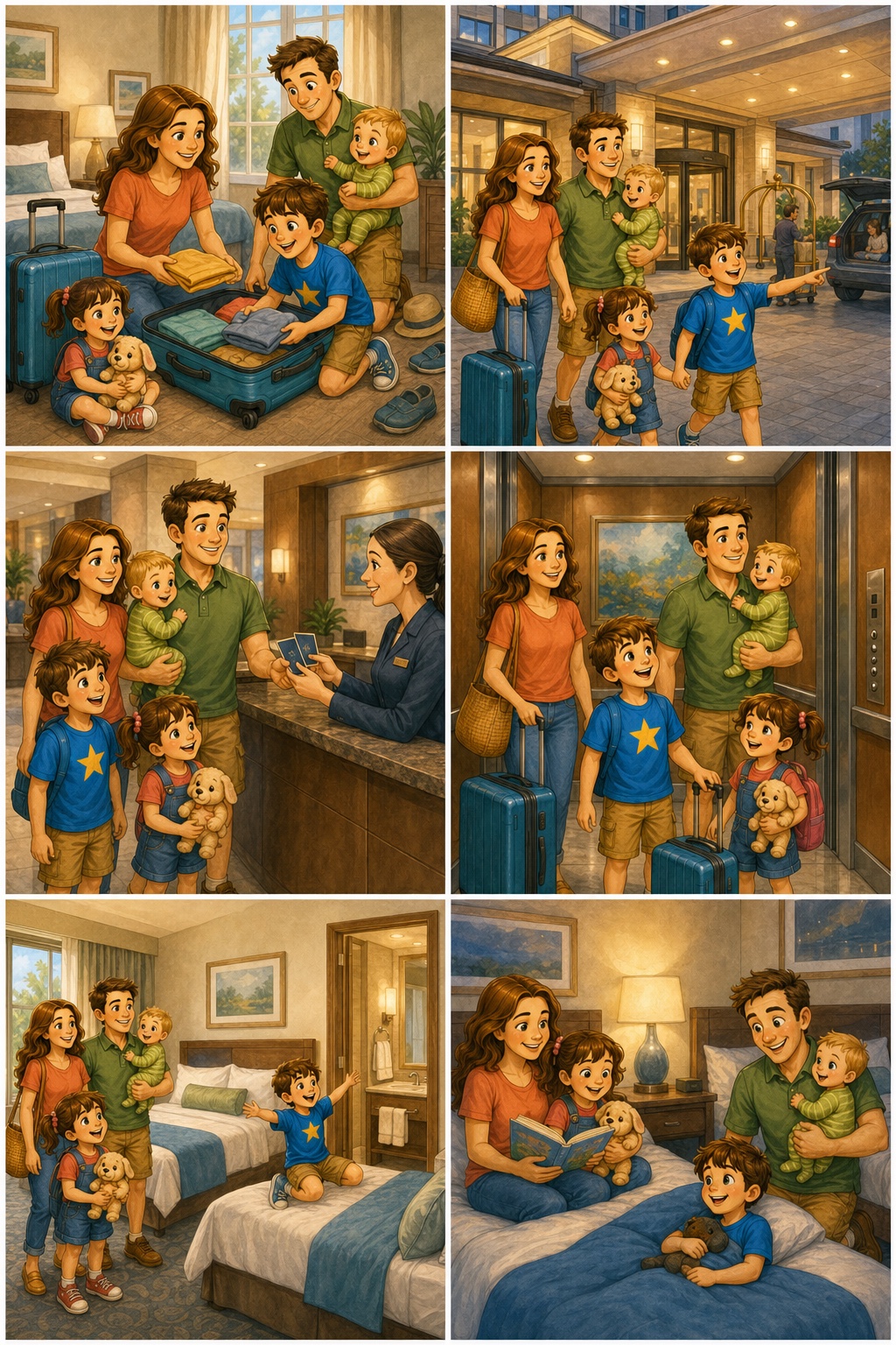 Watercolor concept artwork showing the Before We Go Kids family preparing for and staying at a hotel.